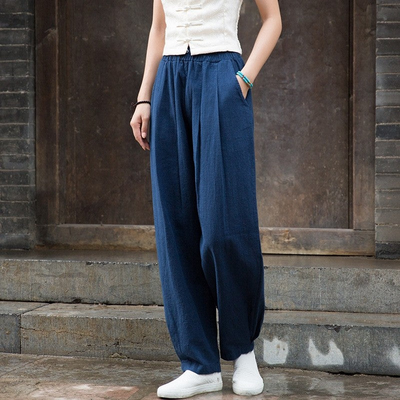 锛歐omen's Cotton And Linen Sand Washed Loose Lantern Pants