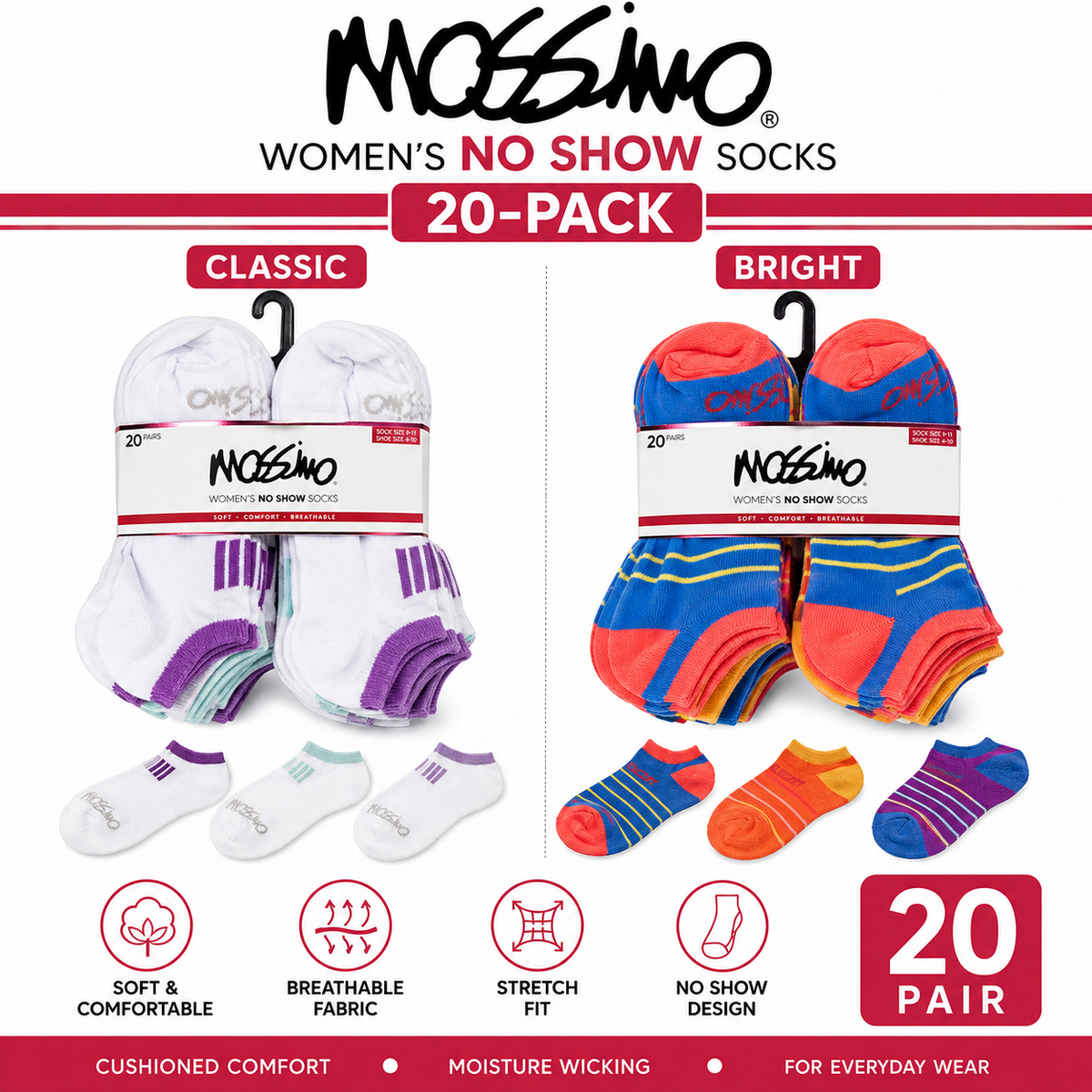 Mossimo Men's & Women's No Show Socks 20-Pack – Low Cut Ankle Socks for Sneakers, Everyday & Athletic Wear | Bulk Value Pack