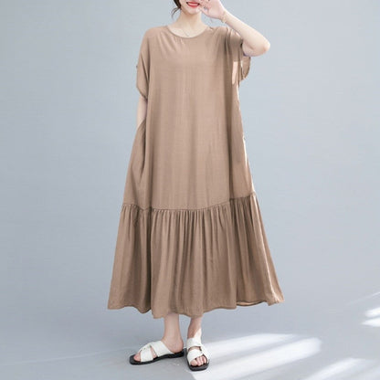 Loose Fit Solid Color Crewneck Short Sleeve Casual Maxi Dress