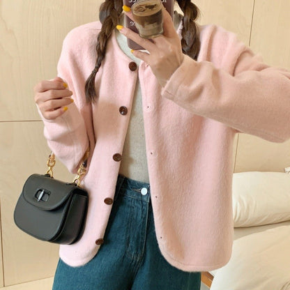 Loose Fit Solid Color Round Neck Sweater Cardigan