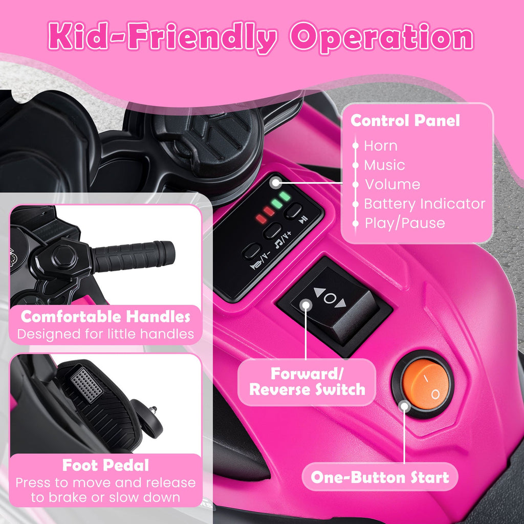 6V Kids Motorcycle with Headlights Music and Detachable Training Wheels