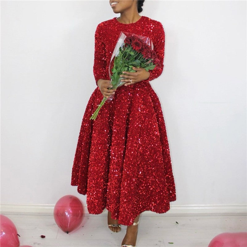 Sequin Embellished Long Sleeve High Waist Formal Dress