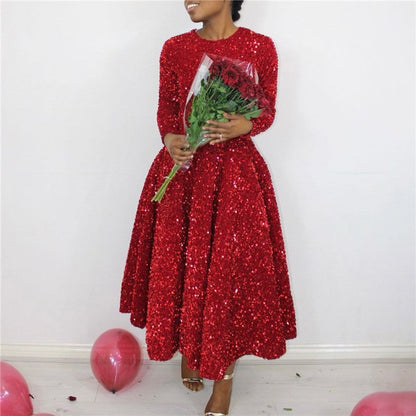 Sequin Embellished Long Sleeve High Waist Formal Dress
