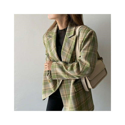 Casual Color Block Plaid Loose Fit Blazer
