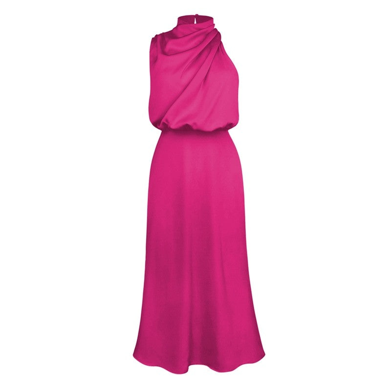 Solid Color Half Turtleneck Sleeveless Satin Dress