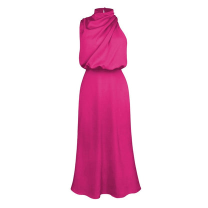 Solid Color Half Turtleneck Sleeveless Satin Dress
