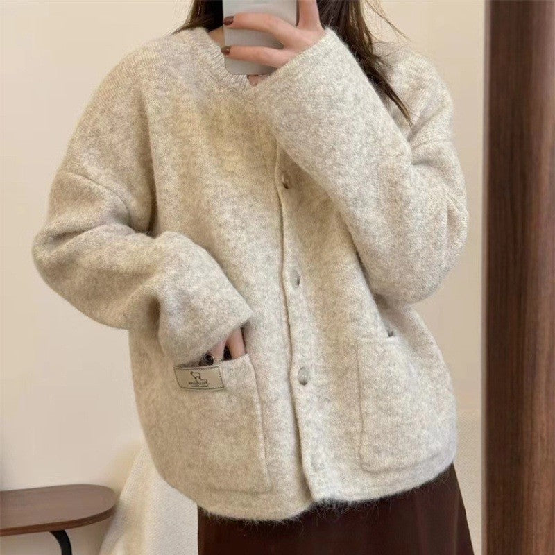 Solid Color Round Neck Single Breasted Knit Cardigan