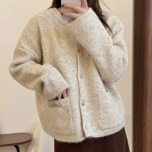 Solid Color Round Neck Single Breasted Knit Cardigan
