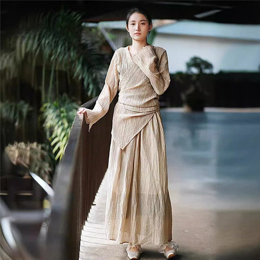 Solid Color Double-Layer Strap Shirt and Skirt Ensemble