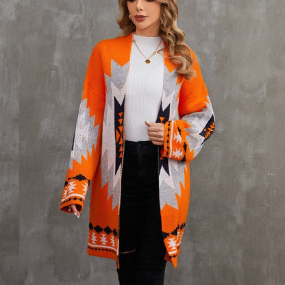 Long Halloween Jacquard Color Block Knit Cardigan