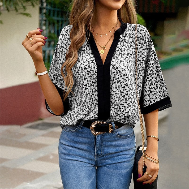 Contrast Color Half Sleeve Printing Pullover Blouse
