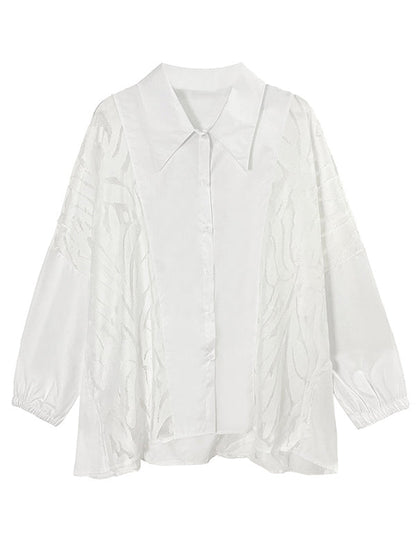 Urban See-Through Lace Split-Joint Lapel Blouse