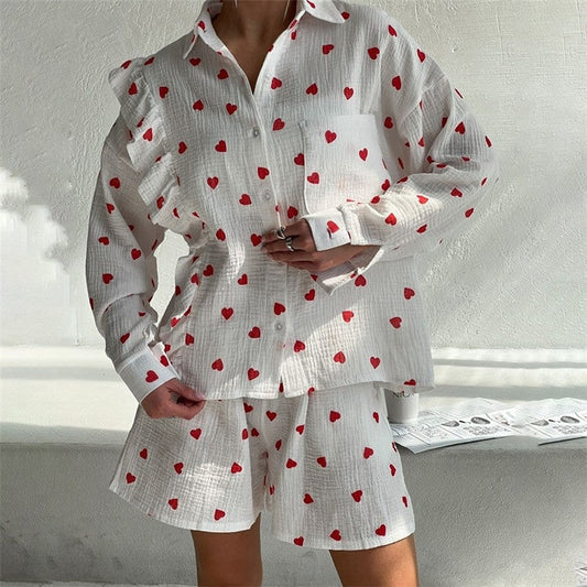 Heart Print Long Sleeve Lapel Single Breasted Top and Shorts Set - Cute Loungewear