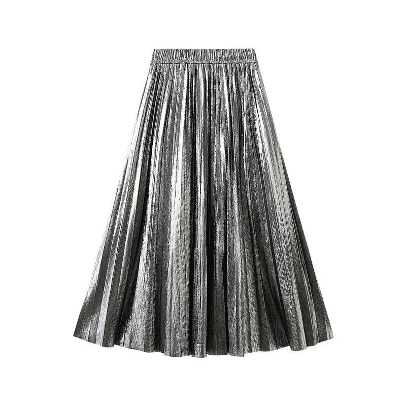 Metallic Pleated A-Line Skirt with Elastic Waist in Solid Color