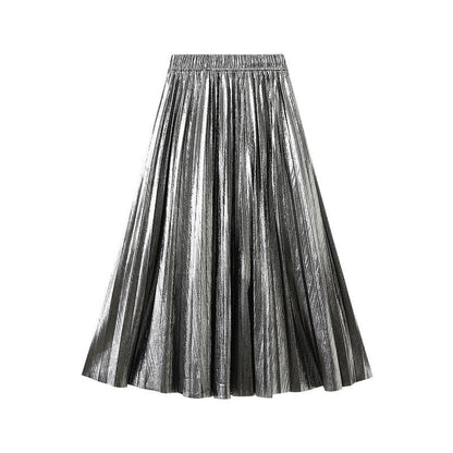 Metallic Pleated A-Line Skirt with Elastic Waist in Solid Color
