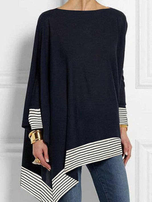 Striped Round Neck T-Shirt with Batwing Sleeves and Split-Joint Design
