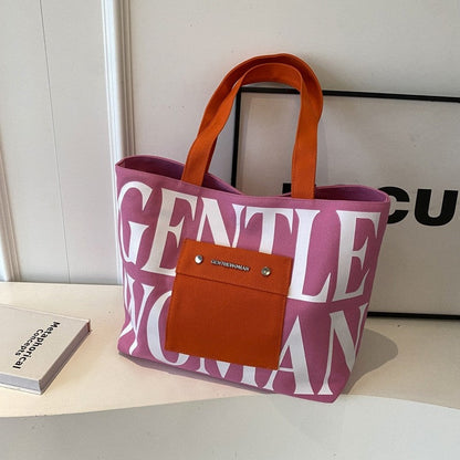 Letter Print Canvas Shoulder Bag with Large Capacity