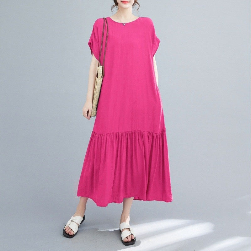 Loose Fit Solid Color Crewneck Short Sleeve Casual Maxi Dress