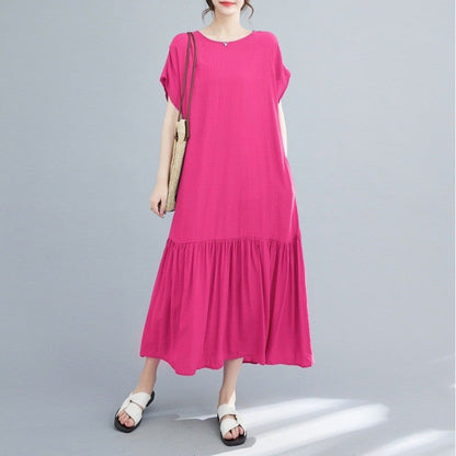 Loose Fit Solid Color Crewneck Short Sleeve Casual Maxi Dress