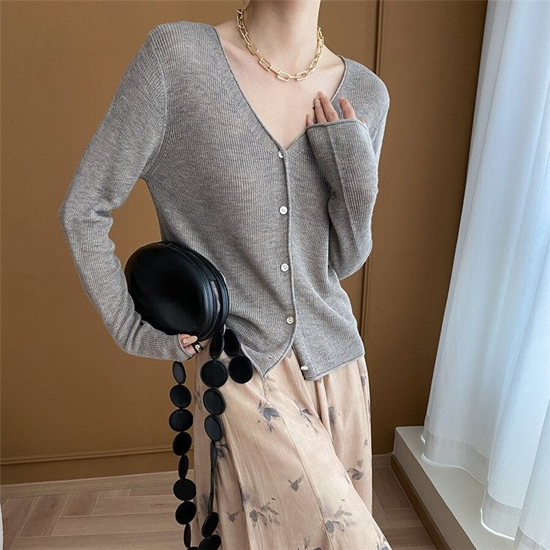 Solid Color V-Neck Ribbed Knit Cardigan