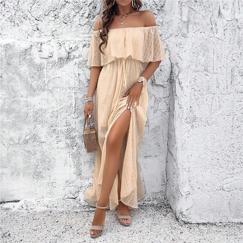 Chic Off-Shoulder Slit Dress in Solid Color