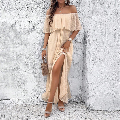 Chic Off-Shoulder Slit Dress in Solid Color