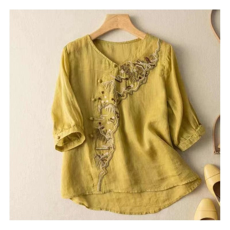 Embroidered Linen Button-Up Blouse with Half Sleeves