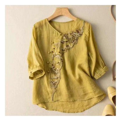 Embroidered Linen Button-Up Blouse with Half Sleeves
