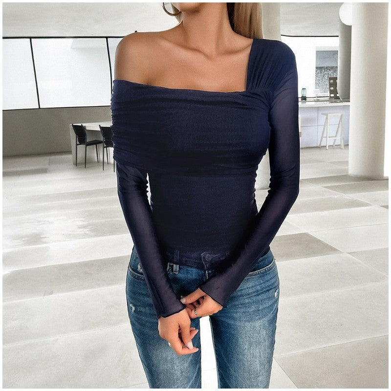 Chic Off-Shoulder Mesh Long Sleeve Top
