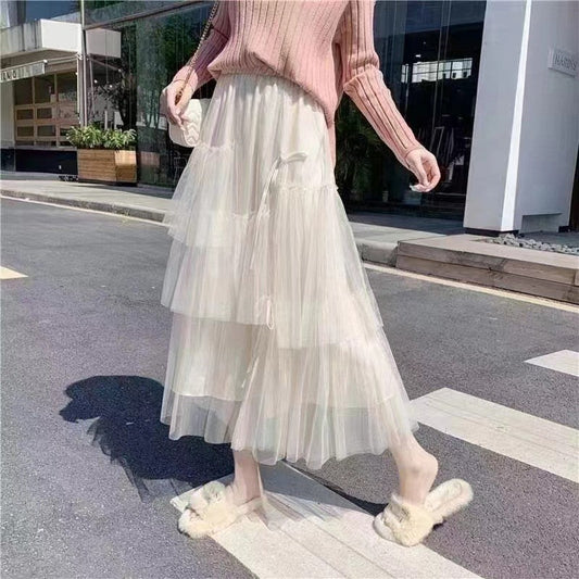 Solid Color Elastic Waist Mesh Patchwork Cake Skirt