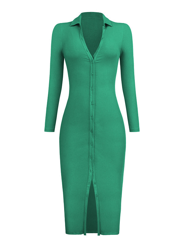 High Waisted Long Sleeves Buttoned Solid Color Lapel Midi Dresses