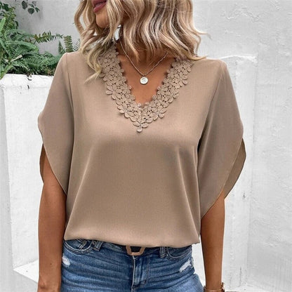 Solid Color Lace Trim V-Neck Trumpet Sleeve Blouse
