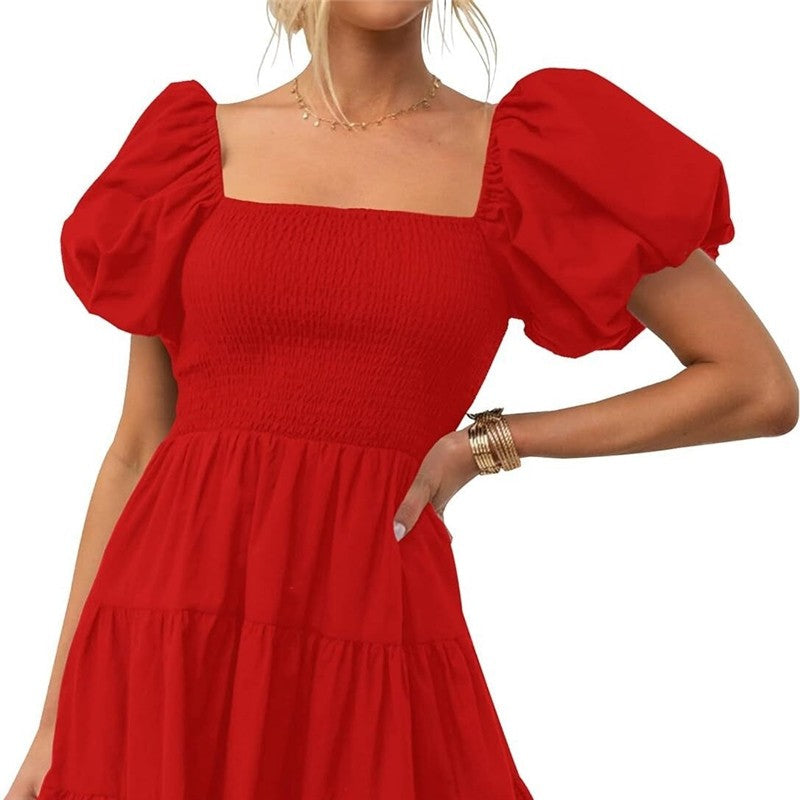 Square Neck Off-Shoulder Bubble Sleeve Dress