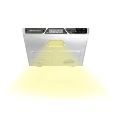 Emerson Under Cabinet FM Radio w Bluetooth, Station Memory and Clock with Timer