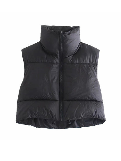 Skinny Sleeveless Solid Color Zipper Stand Collar Padded Vest Vest Top