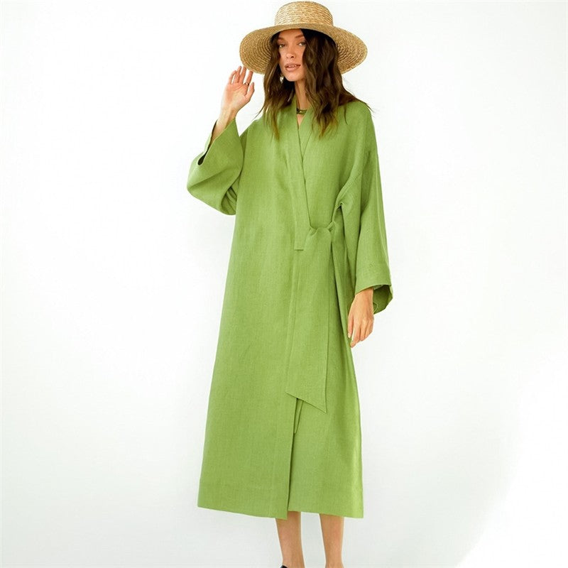 Flowy Cotton Linen Long Pajamas for Women in Solid Colors