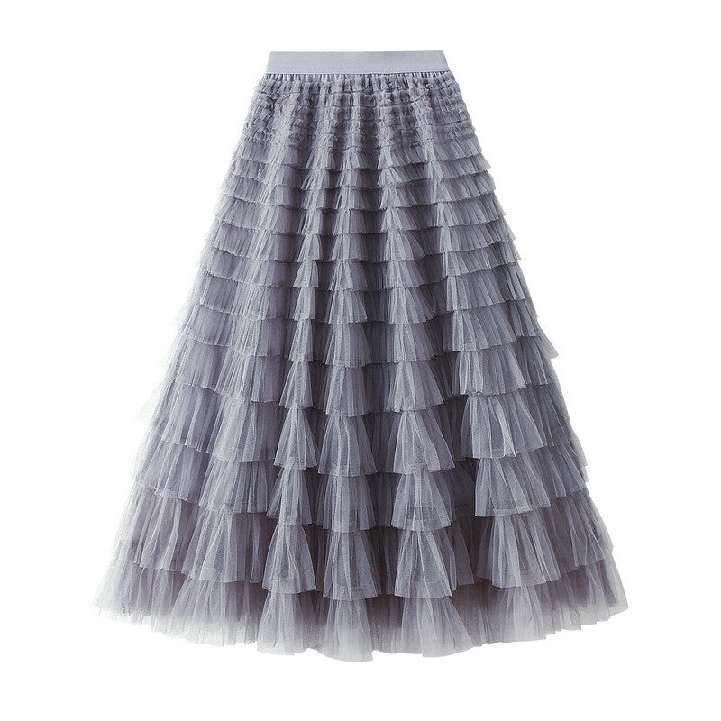 Layered Ruffled A-Line Mesh Cake Skirt with Elastic Waist - Solid Color