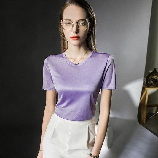 Solid Color Crewneck Short Sleeves Shiny T-Shirt