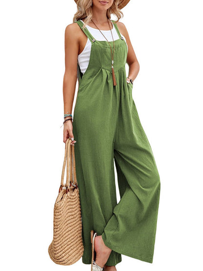 Loose Plus Size Pleated Split-Joint Spaghetti-Neck Overalls