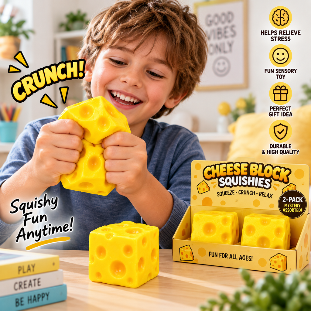 Crunchy Squishies Cheese Block Squeeze Toy 2-Pack – Crispy Crunch Sound Stress Balls | ASMR Sensory Fidget Toys for Adults & Kids | Realistic Swiss Cheese Squishies