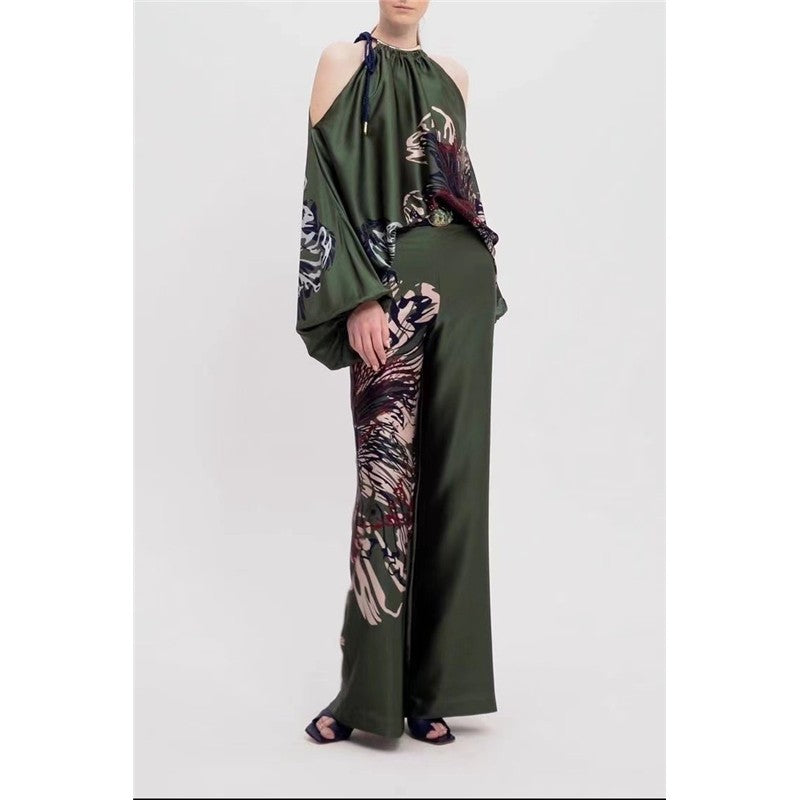 Printing Halterneck Hollow Shoulders Long Sleeve Top And Wide Leg Pants Two Pieces Suits