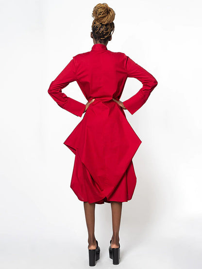 Chic Relaxed Fit Stand-Collar Long Sleeve Midi Dress