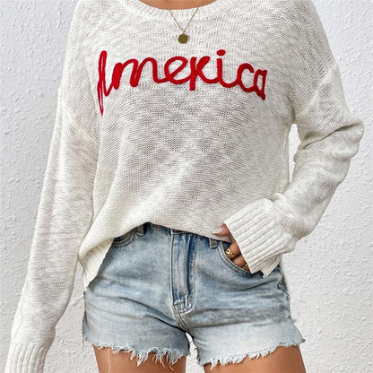 Long Sleeve Crewneck AMERICA Letters Casual Loose Knitted Sweater