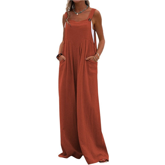 Solid Color Sleeveless Casual Loose Wide Leg Jumpsuits