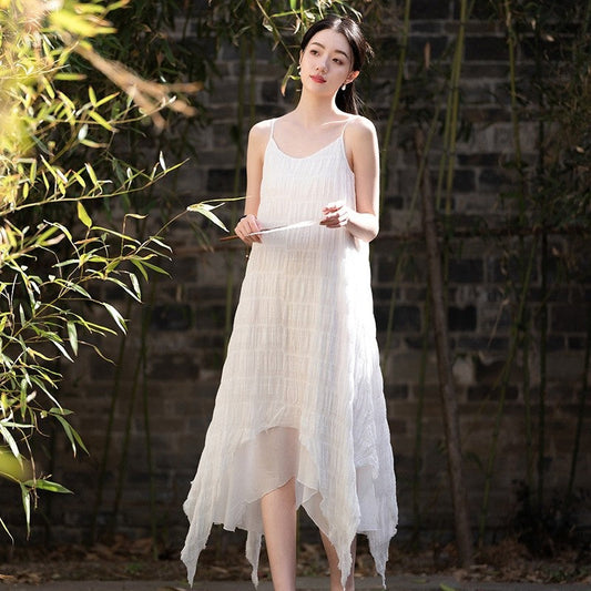 Solid Color Jacquard Halter Maxi Dress with Irregular Pleating