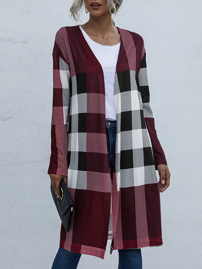 Long Sleeves Loose Plaid Collarless Outerwear