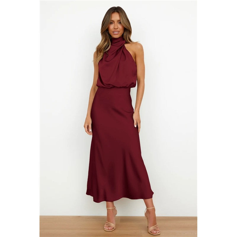 Solid Color Half Turtleneck Sleeveless Satin Dress