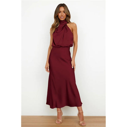 Solid Color Half Turtleneck Sleeveless Satin Dress