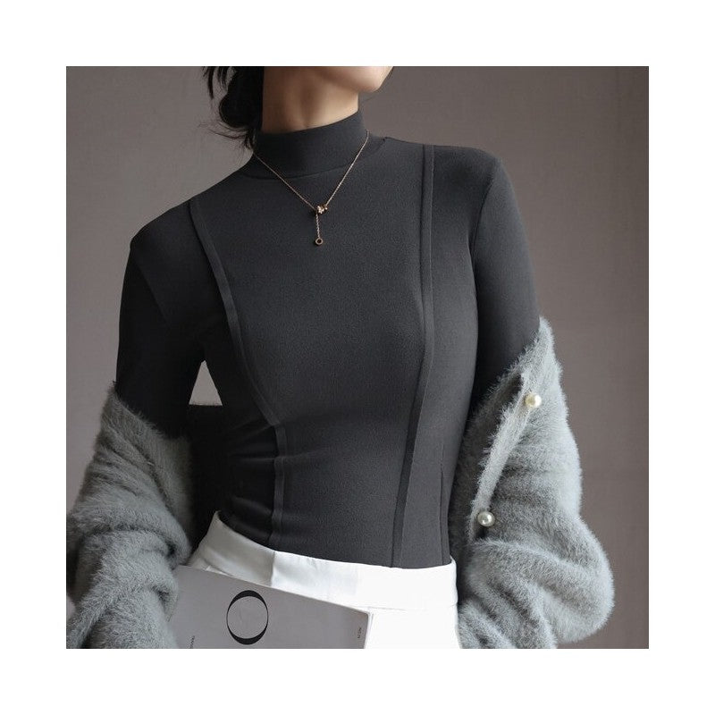 Solid Color Half High Collar Velvet Long Sleeve Top