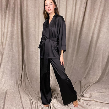 Solid Color Satin Tie Pajama Set